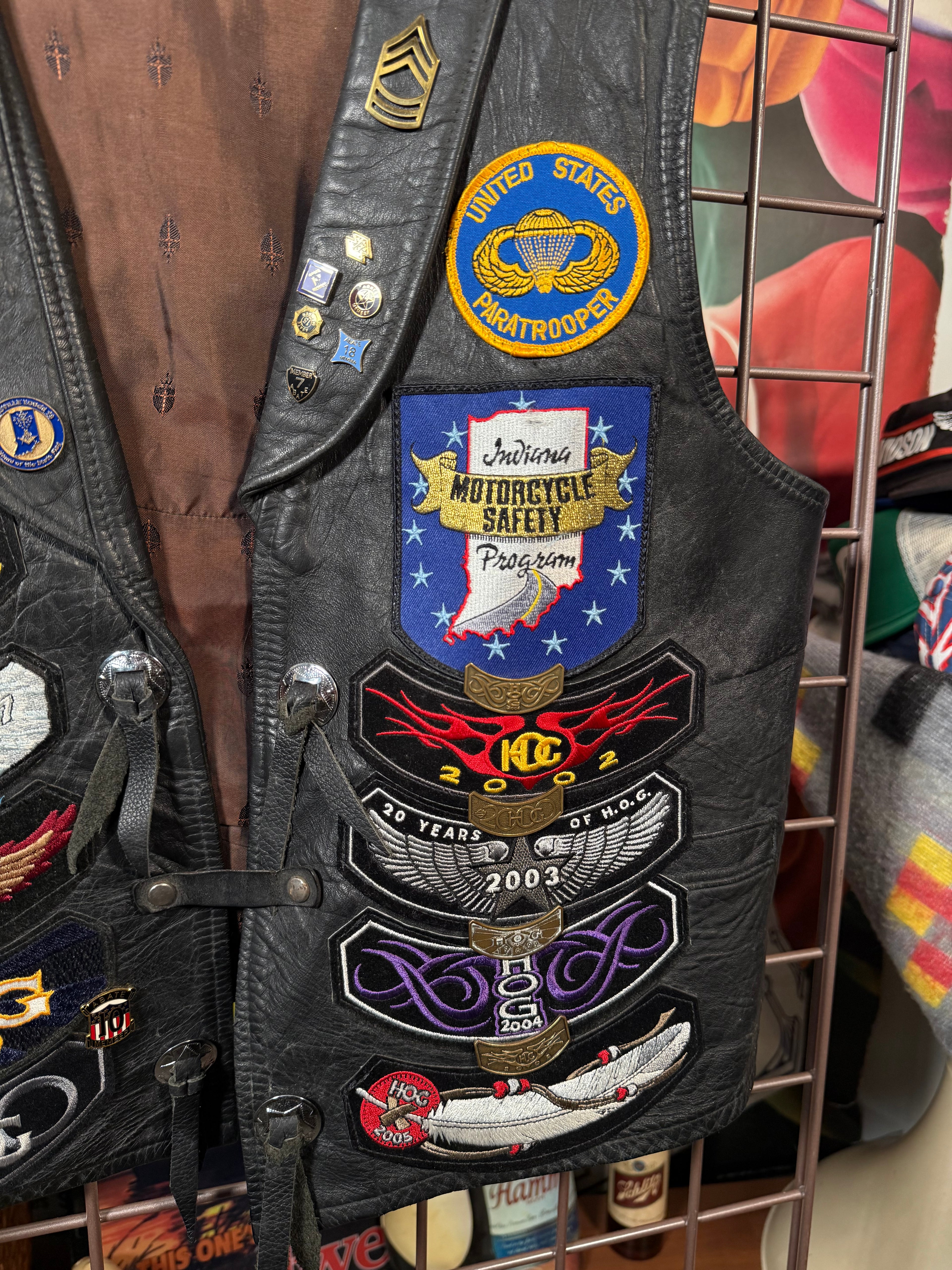 Vintage Leather Biker Vest With Patches and Pins (M)