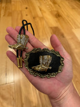 Load image into Gallery viewer, Vintage Gold Cowboy Boots Belt Buckle + Bolo Tie Combo
