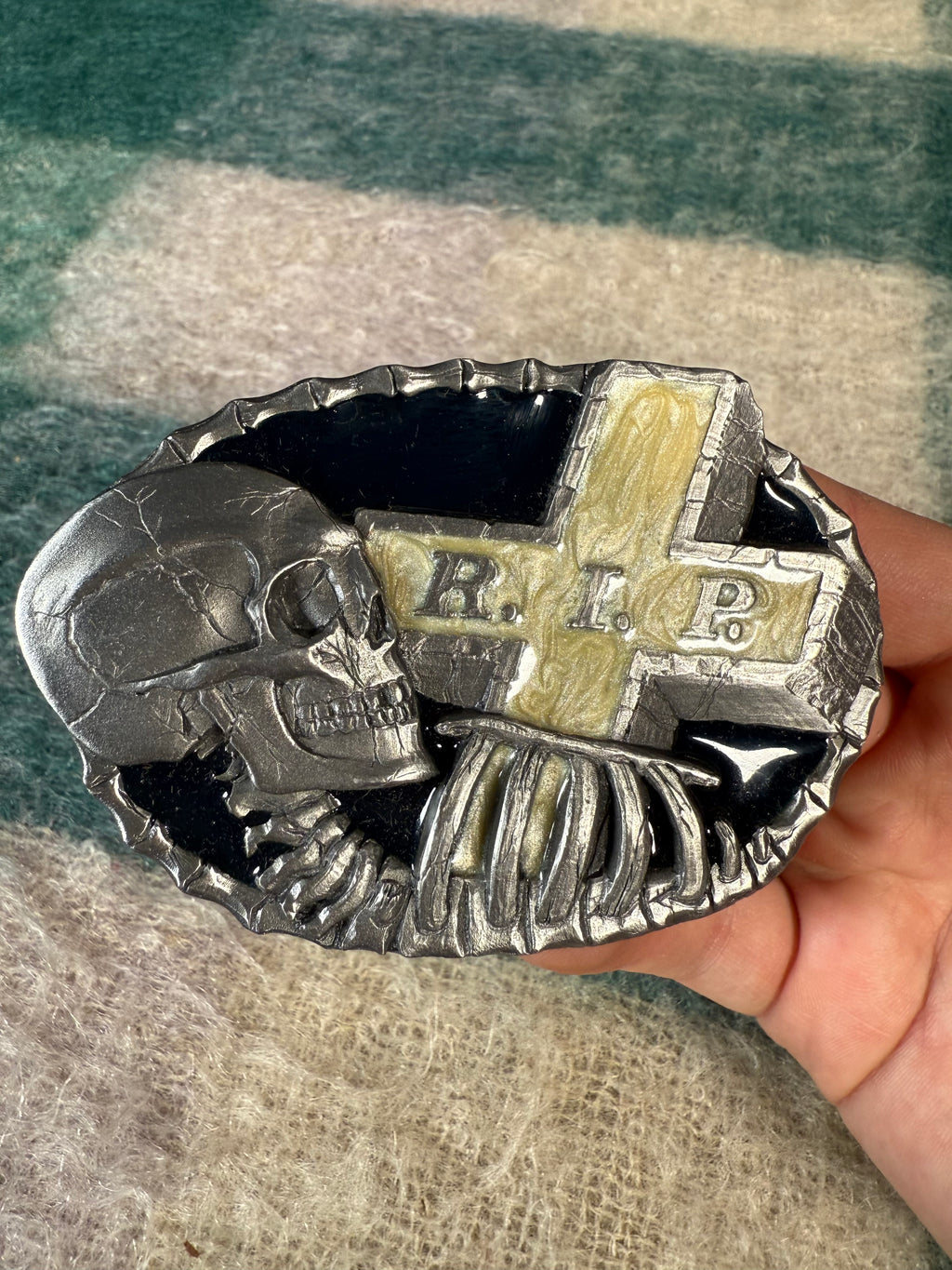 Vintage RIP Skeleton Gravestone Belt Buckle