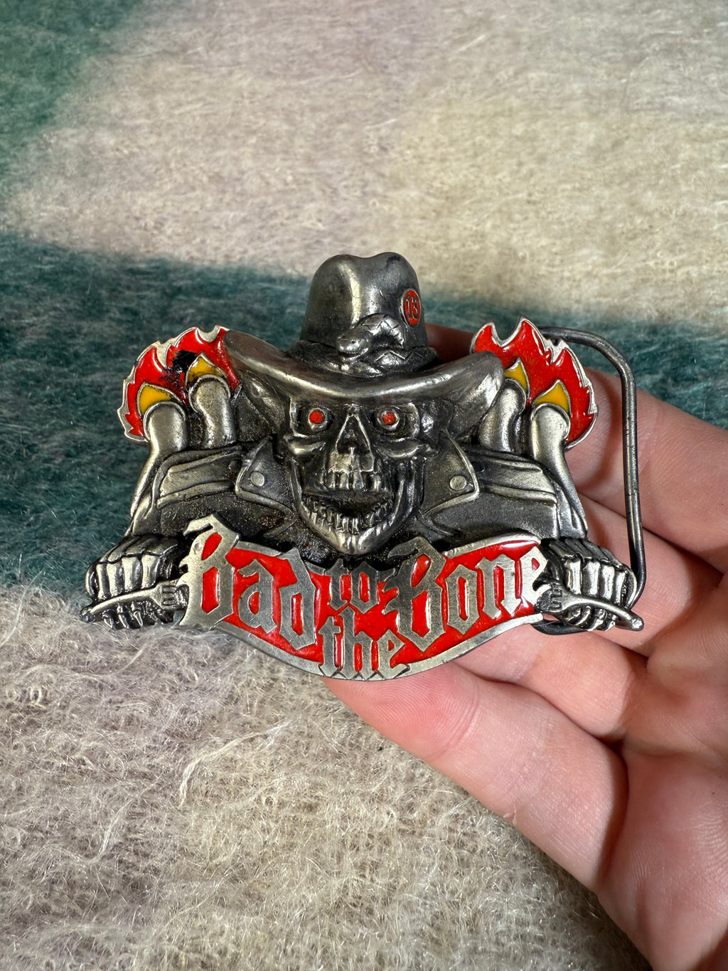 Vintage Bad to the Bone Flaming Skeleton Motorcycle Belt Buckle