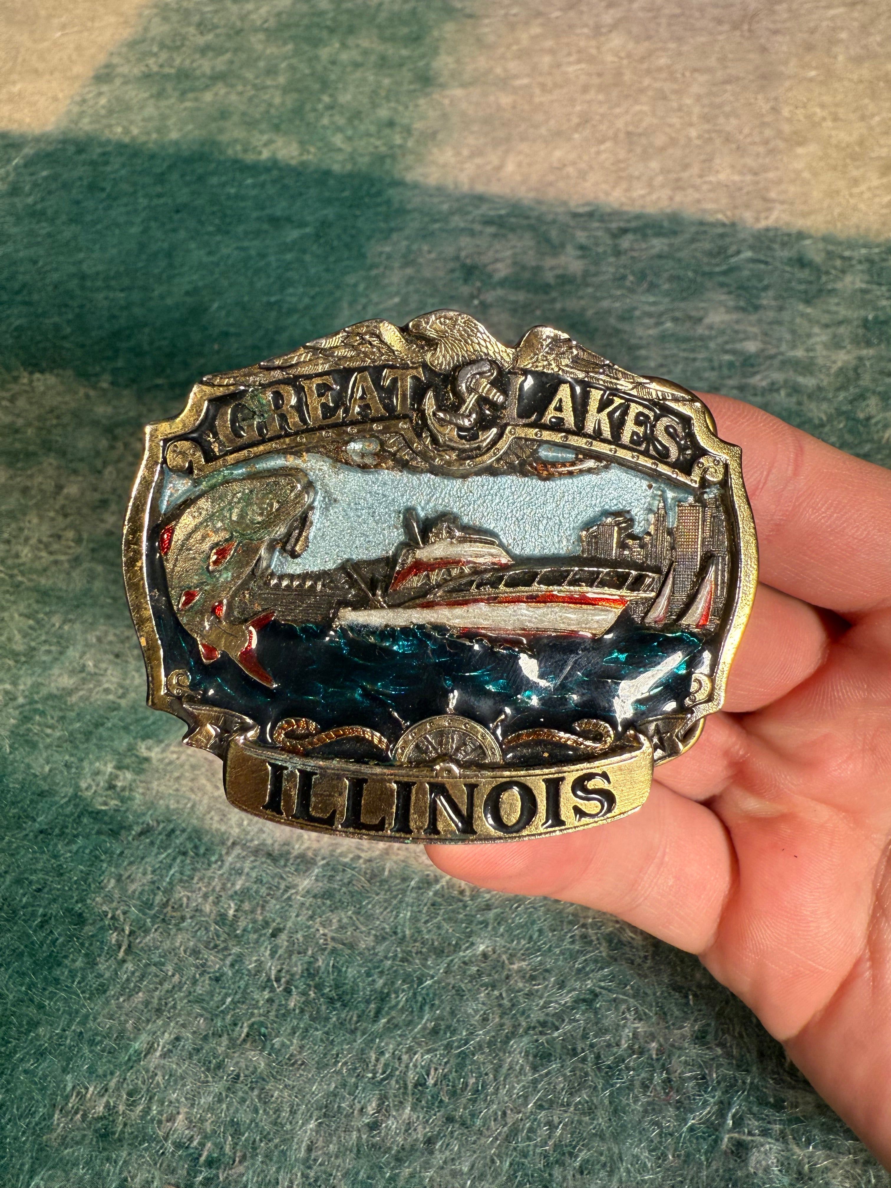 Vintage 80s Great Lakes Illinois Belt Buckle