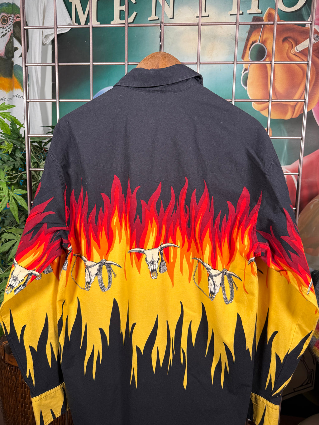 Vintage Roper Flaming Longhorn Skull Western Shirt (L)