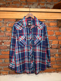 Vintage Wrangler Blue Red and White Pearl Snap Shirt (L)