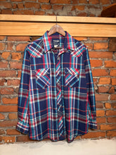 Load image into Gallery viewer, Vintage Wrangler Blue Red and White Pearl Snap Shirt (L)
