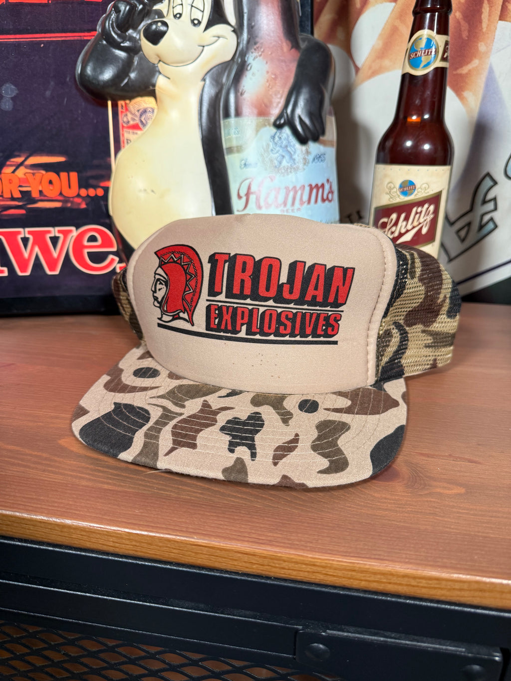 Vintage Trojan Explosives Camo Trucker Hat