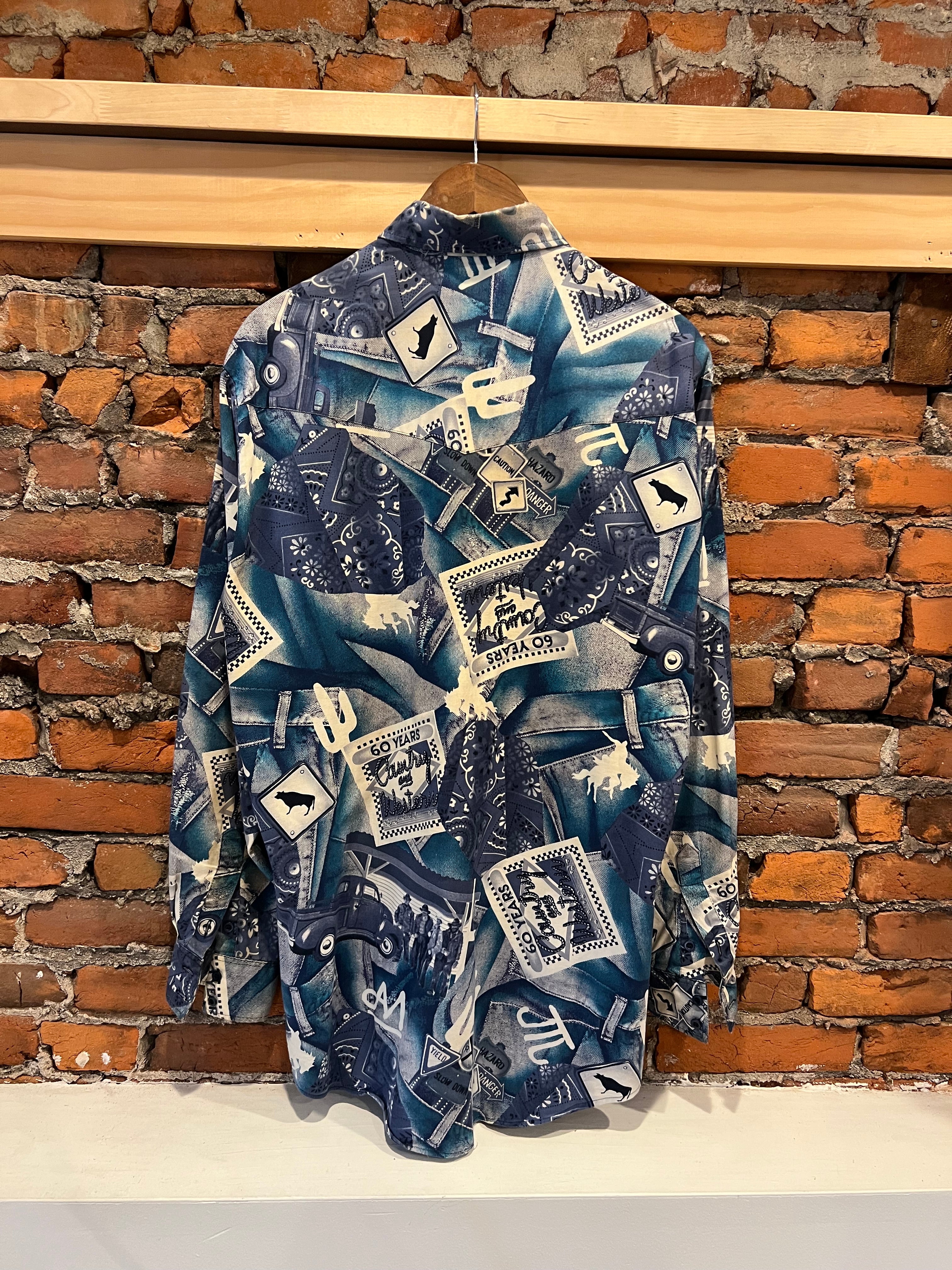 Vintage All Over Print Blue Cowboy Western Shirt (XL)