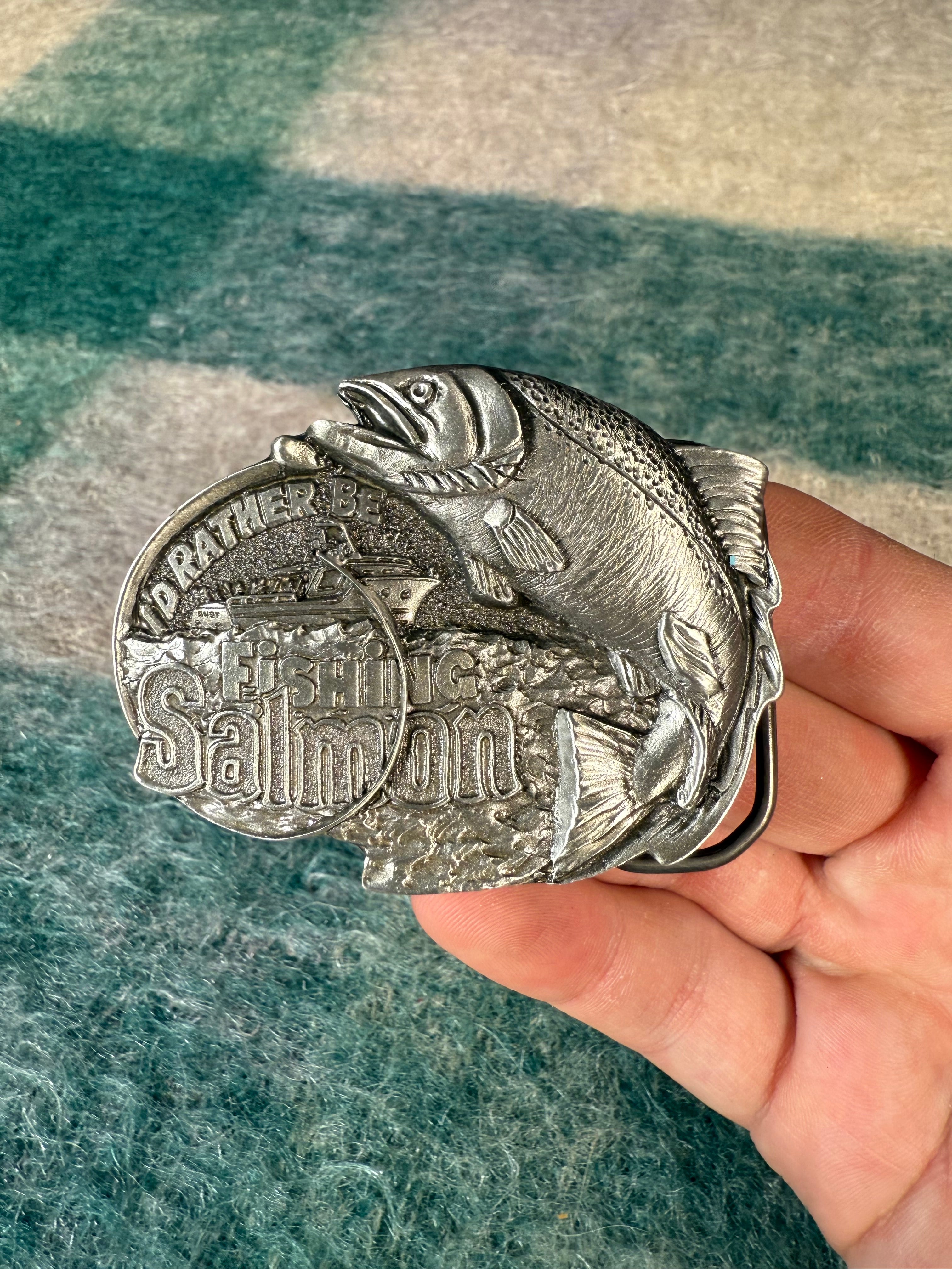 Vintage Id Rather Be Fishing Salmon No Color Belt Buckle
