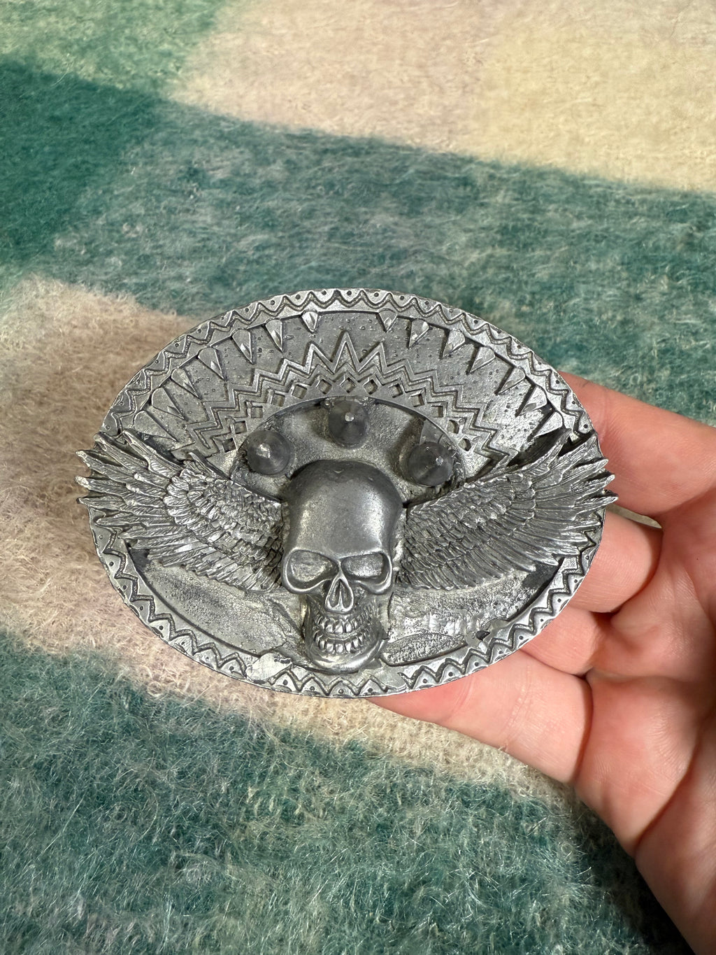 Vintage Winged Skull Spike Belt Buckle