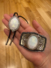 Load image into Gallery viewer, Vintage White Crystal Belt Buckle + Bolo Tie Combo
