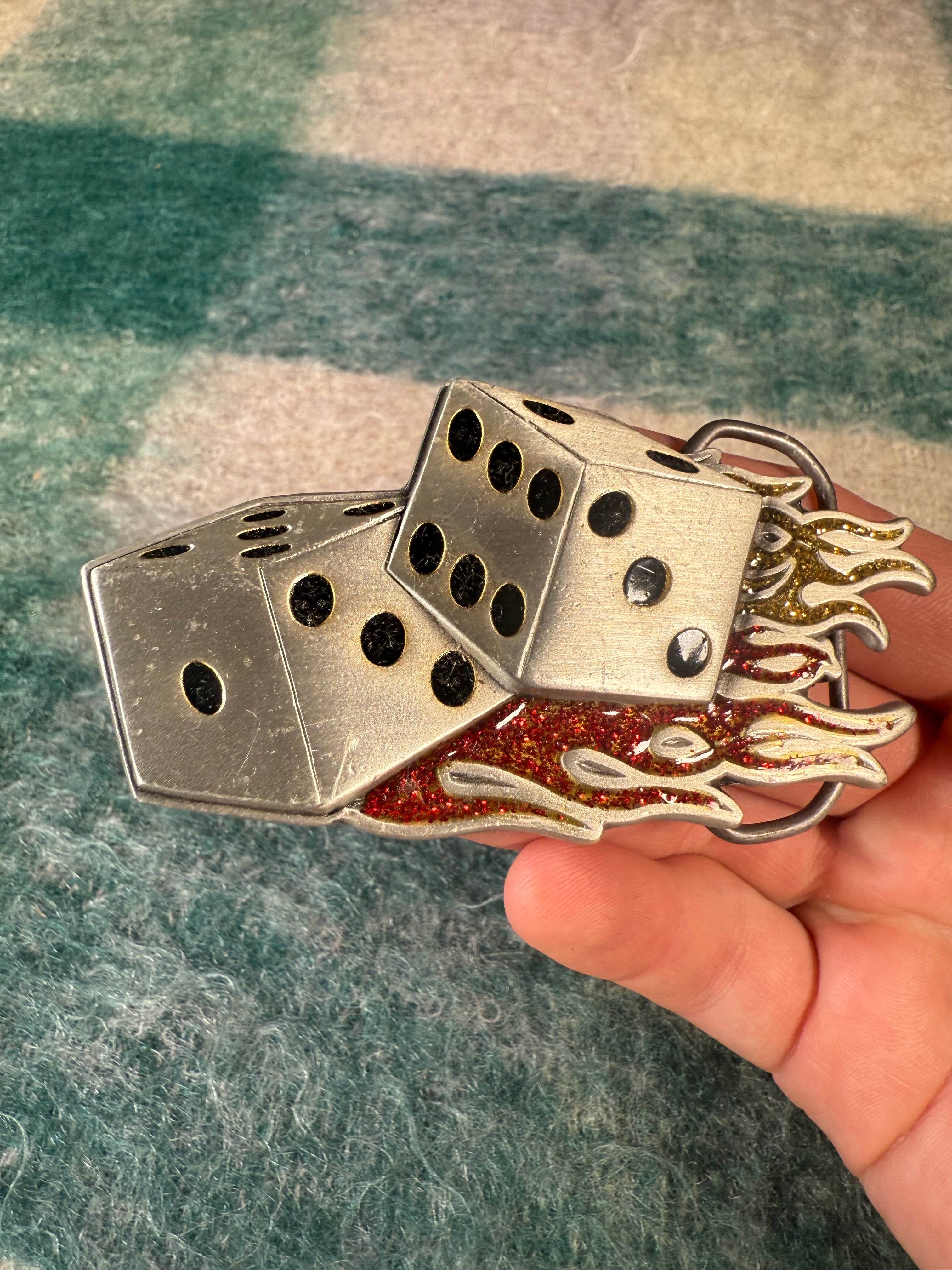 Vintage 2000 Sparkly Flame Dice Belt Buckle