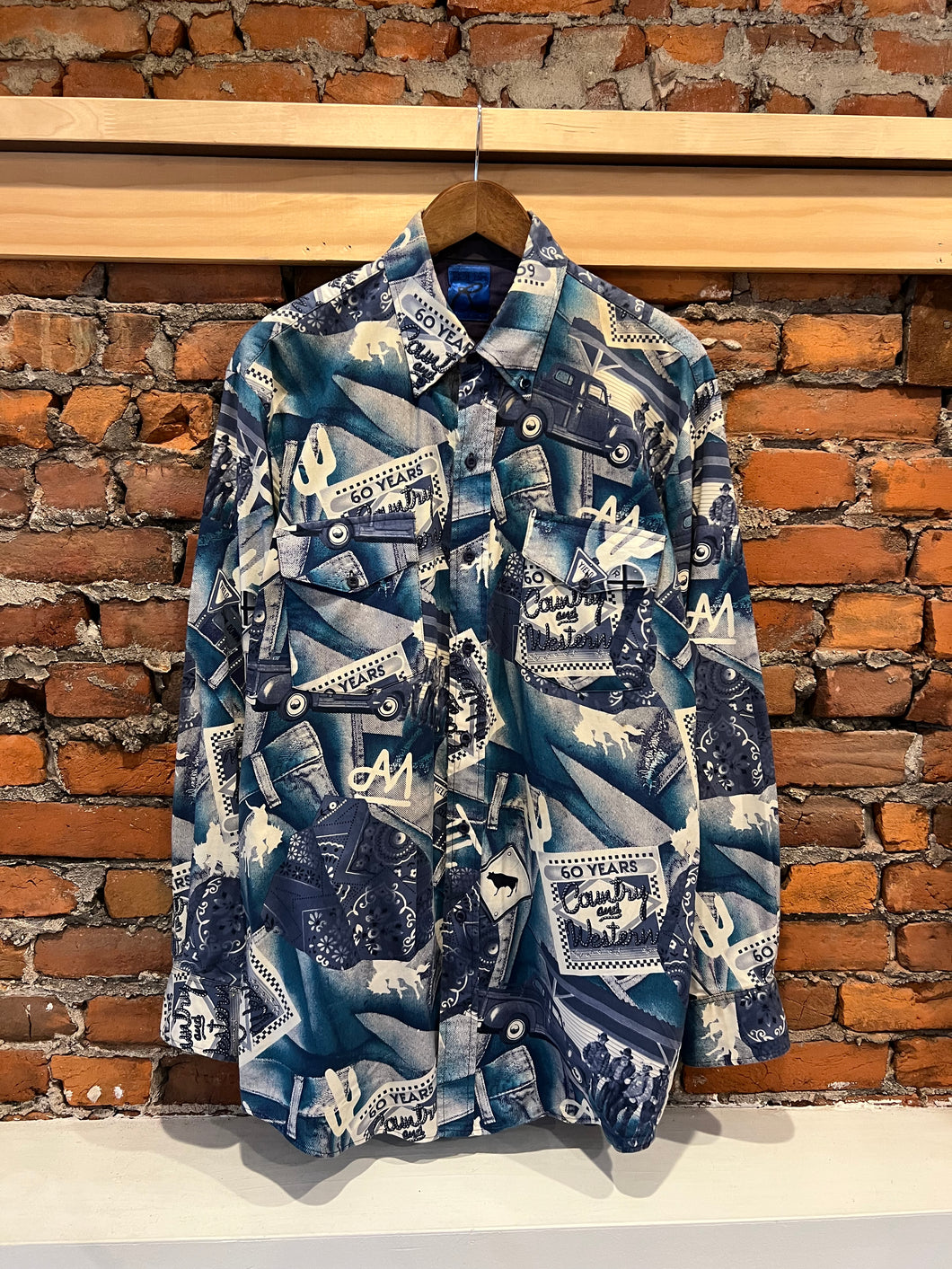 Vintage All Over Print Blue Cowboy Western Shirt (XL)