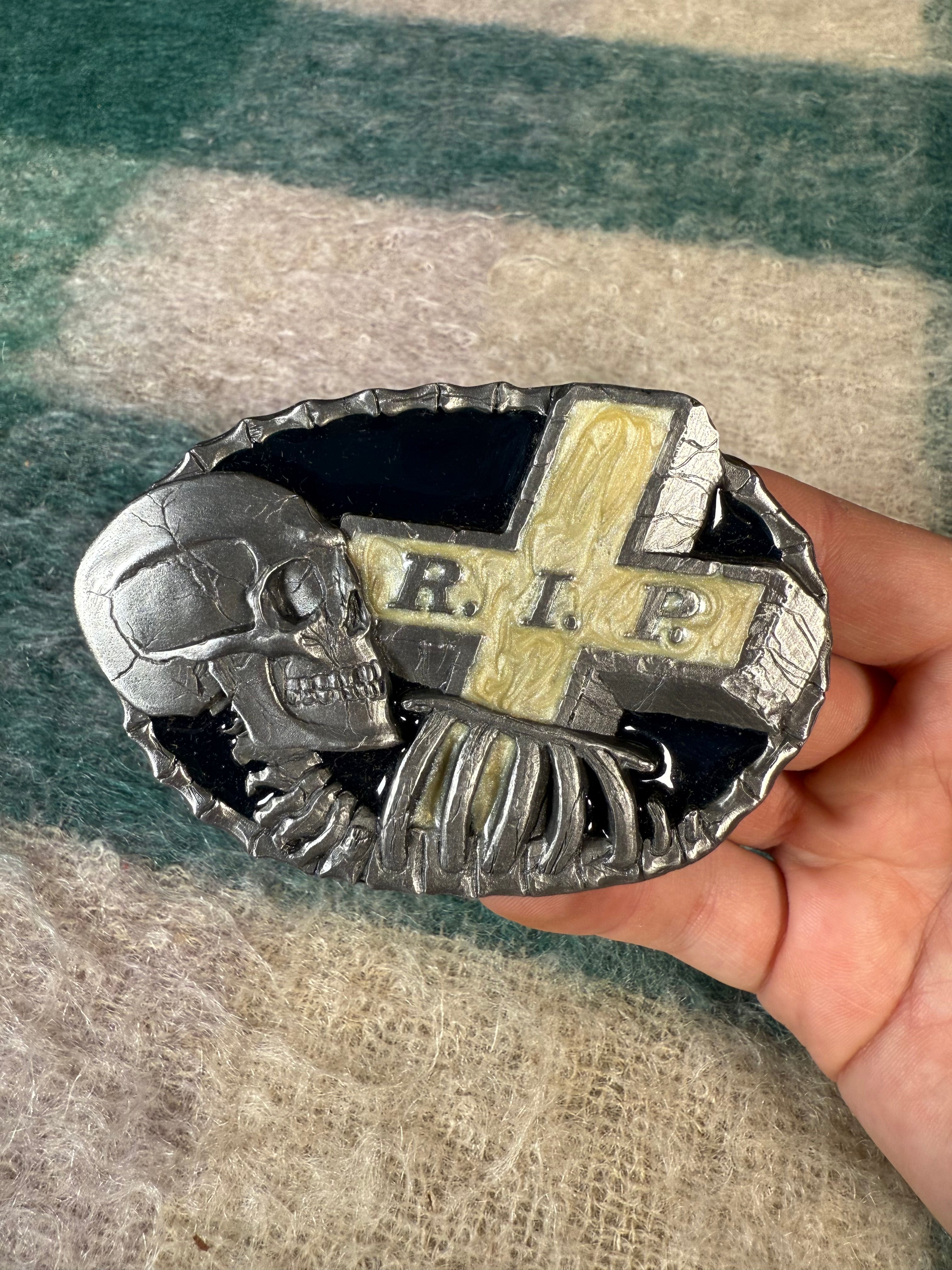 Vintage RIP Skeleton Gravestone Belt Buckle