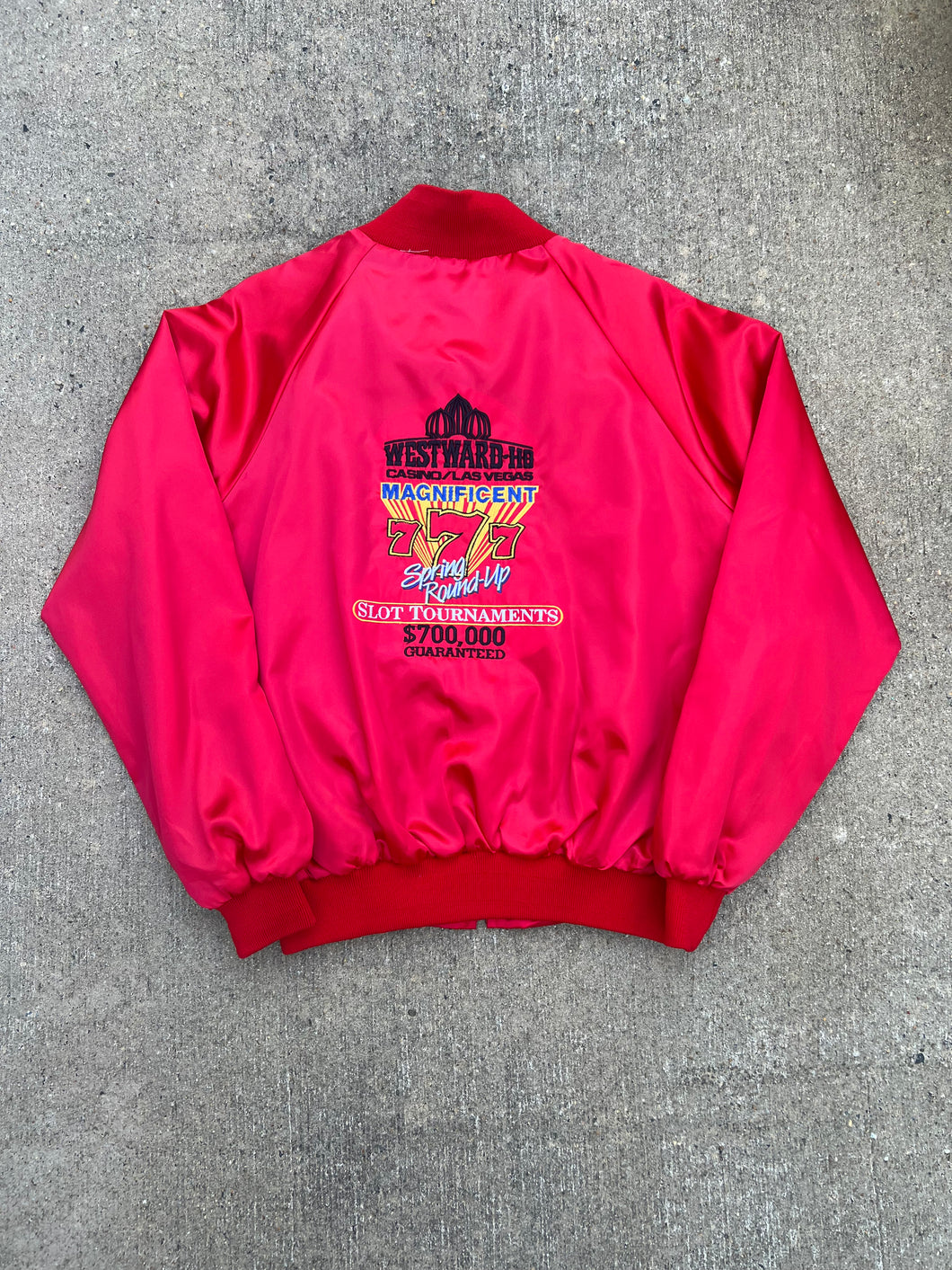 Vintage Embroidered Casino Satin Jacket (XL)