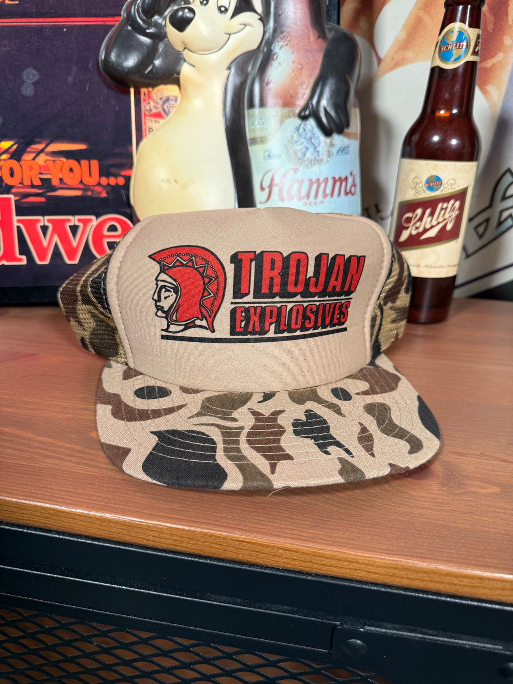 Vintage Trojan Explosives Camo Trucker Hat