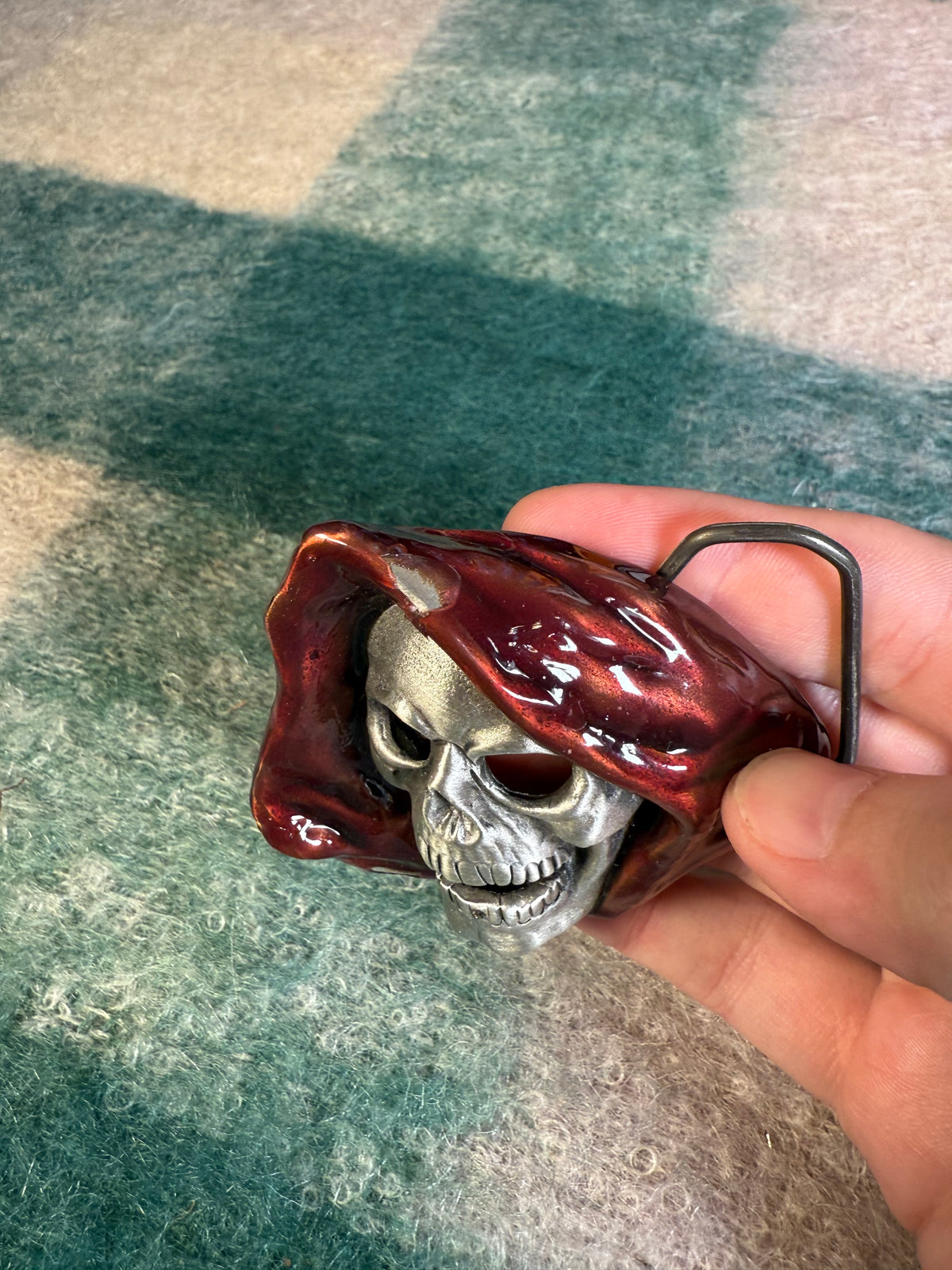 Vintage Grim Reaper With Maroon Hood Belt Buckle