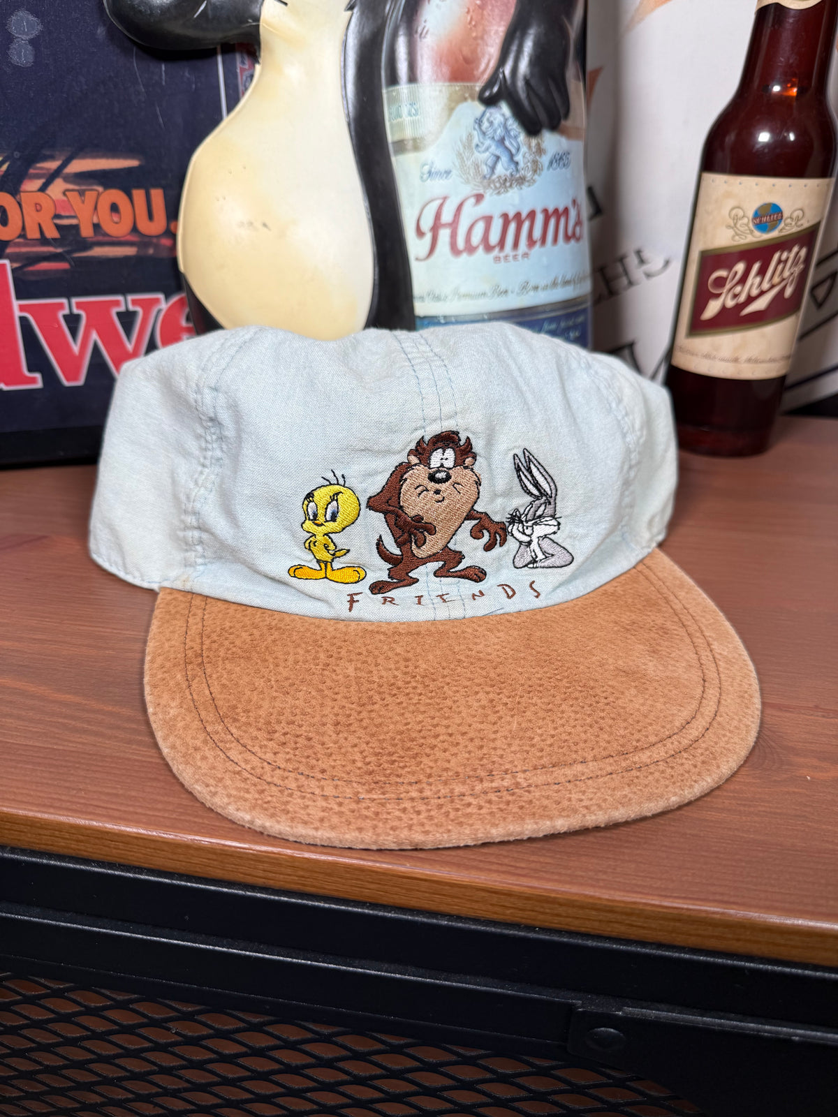 Lot of 2 Vintage 1996 Taz Embroidered Elastic Strap Hats